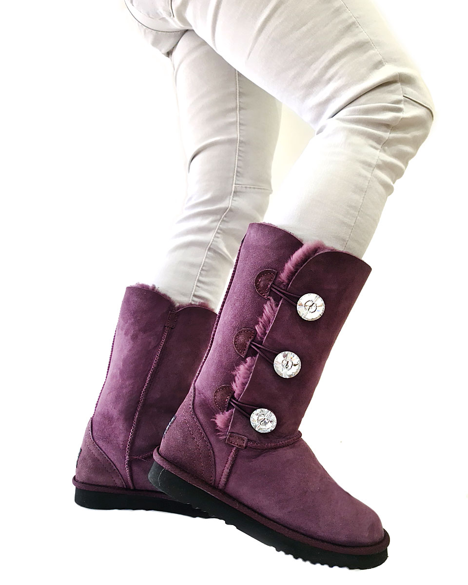 Tall Crystal Buttons Ugg Boots in Plum