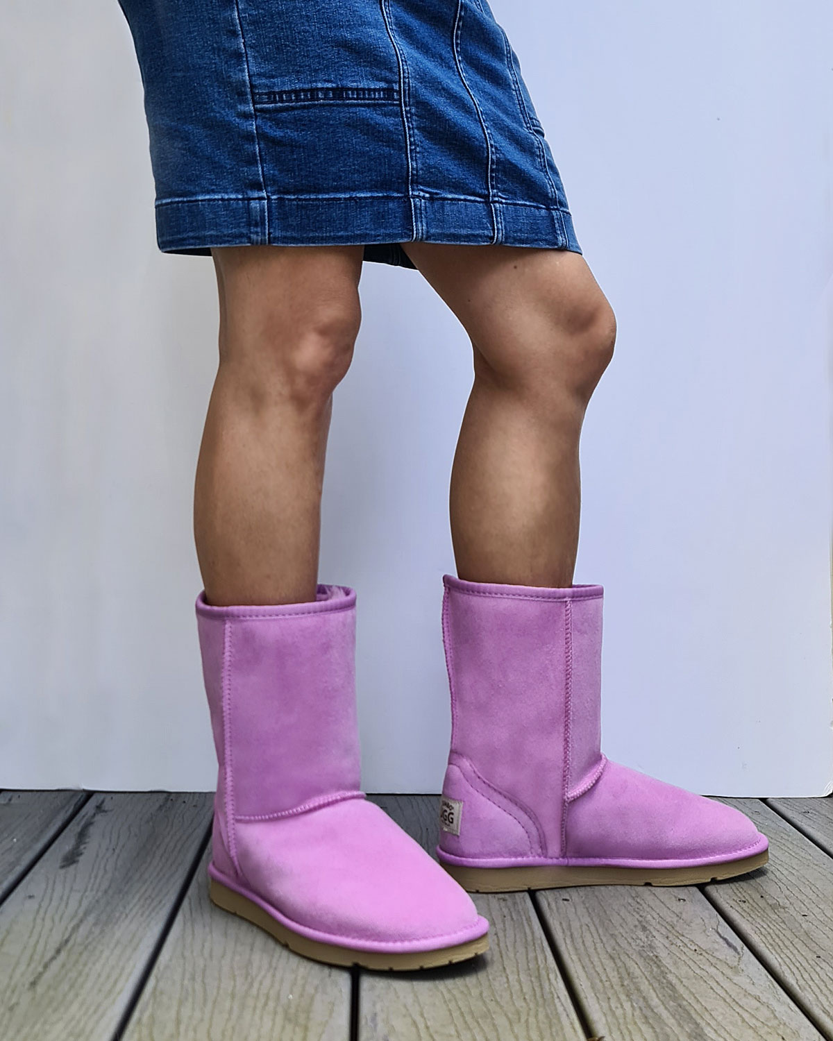 Orchid Ugg Boots pair with skirt